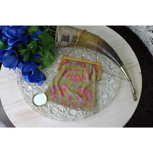 1920's Floral Painted Whiting and Davis Metal Mesh Purse with Mirror
